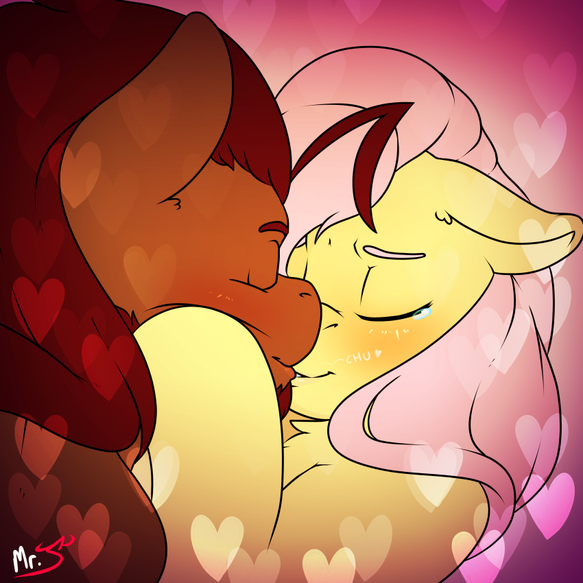 &lt;3 2018 absurd_res ambiguous_form beard boulder_(mr.smile) brown_eyebrows brown_fur brown_hair digital_media_(artwork) duo equine eyebrows eyes_closed facial_hair fan_character female fluttershy_(mlp) friendship_is_magic fur hair hi_res hooves horse kissing long_hair male male/female mammal mr.smile my_little_pony pink_background pink_eyebrows pink_hair pony signature simple_background tears yellow_fur