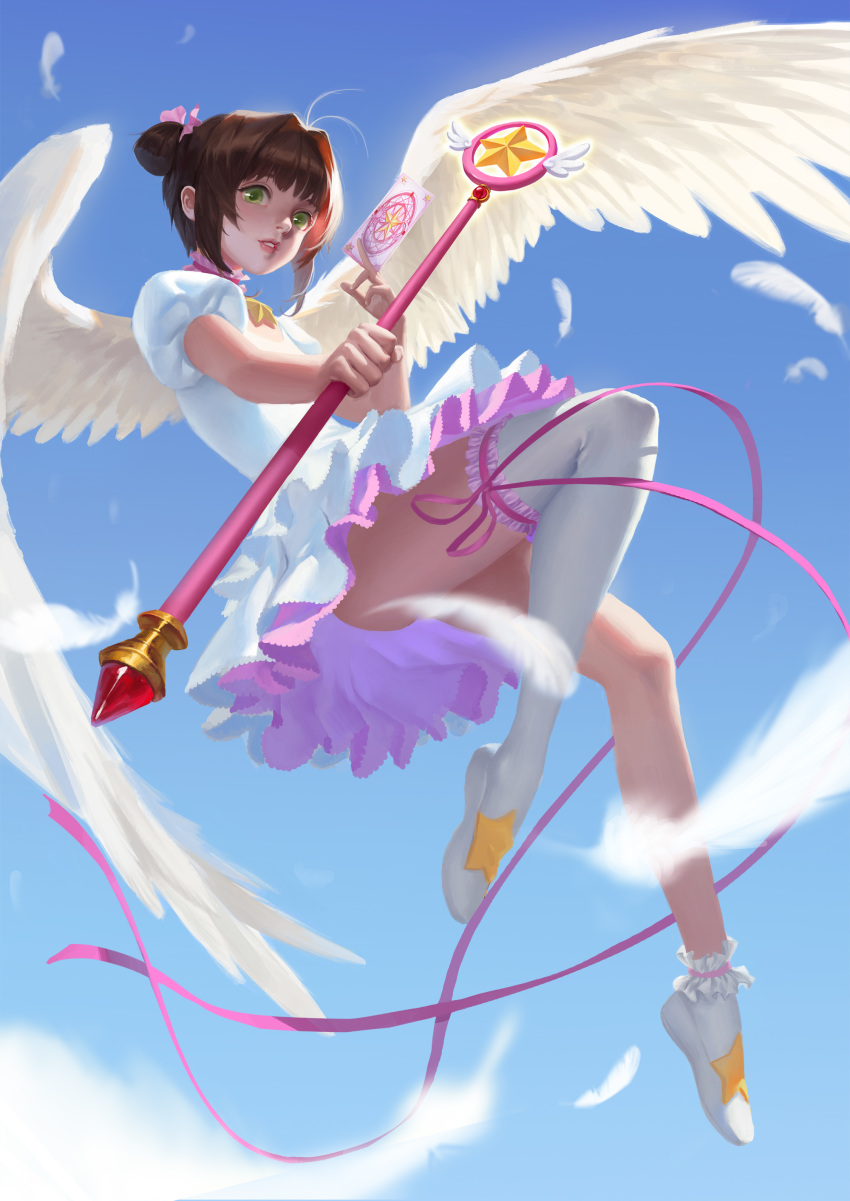 absurdres between_fingers blue_background blue_sky cardcaptor_sakura cherry_blossoms dabul day feathered_wings feathers flying green_eyes highres holding holding_wand hoshi_no_tsue kinomoto_sakura parted_lips petticoat pink_ribbon puffy_short_sleeves puffy_sleeves ribbon sakura_card short_hair short_sleeves single_thighhigh sky solo thighhighs two_side_up wand white_footwear white_legwear white_wings wings