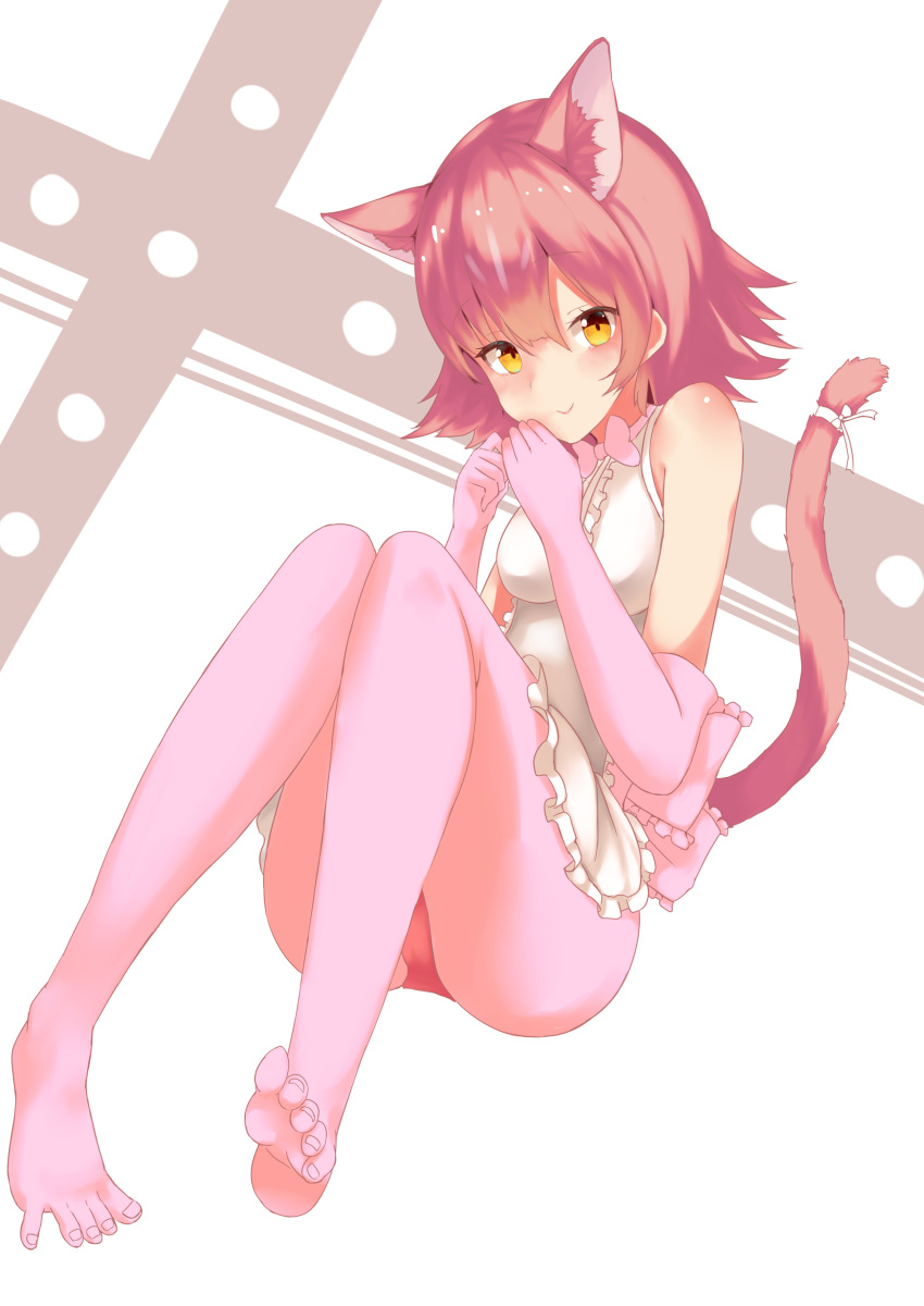 absurdres apron bare_shoulders bow elbow_gloves eyebrows_visible_through_hair feet gloves hand_to_own_mouth highres kemono_friends panther_ears panther_tail panties pantyhose pantyshot peach_panther_(kemono_friends) pikunoma pink_hair pink_legwear short_hair smile solo tail tail_bow underwear