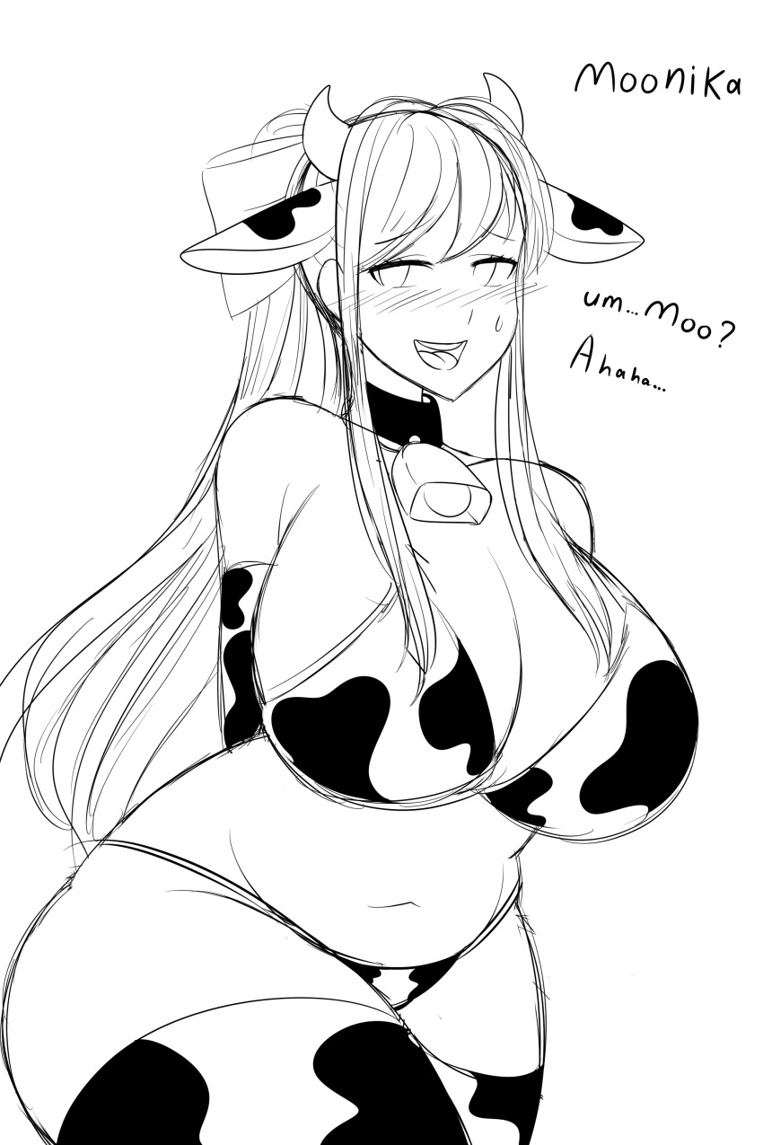 1girl arms_behind_back bangs bell_collar bikini blush character_name cleavage cow_bell cow_ears cow_girl cow_horns cow_print cowboy_shot curvy doki_doki_literature_club elbow_gloves embarrassed english eyebrows_visible_through_hair hair_bow highres long_hair monika_(doki_doki_literature_club) monochrome navel open_mouth pun sidelocks simple_background sketch smile solo standing sunlover61 sweatdrop text thick_thighs thighhighs white_background wide_hips