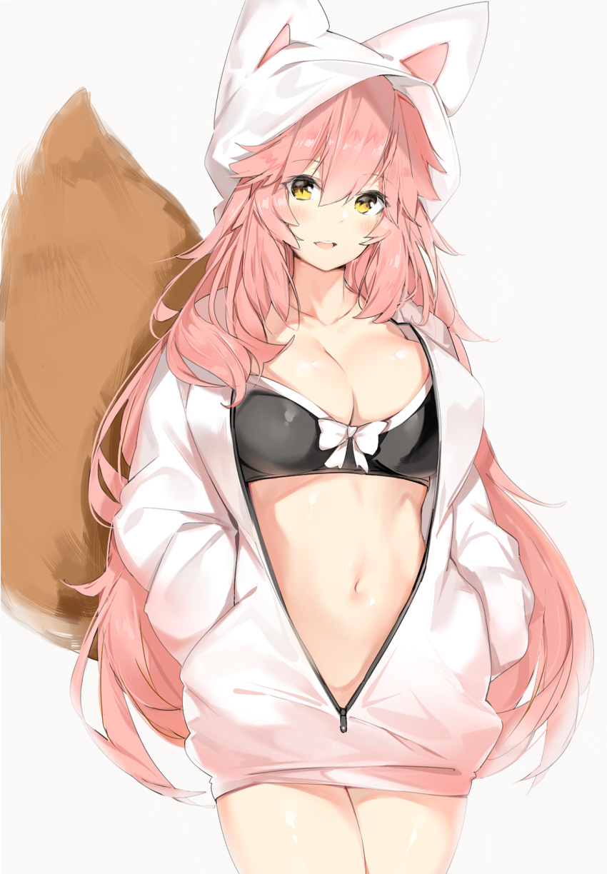 :d animal_ears animal_hood bangs bikini_top black_bikini_top blush bow bow_bikini breasts cleavage collarbone cowboy_shot eyebrows_visible_through_hair fate/extra fate/grand_order fate_(series) fox_ears fox_girl fox_hood fox_tail grey_background hair_between_eyes hands_in_pockets head_tilt highres hood hood_up hoodie large_breasts long_hair long_sleeves looking_at_viewer medium_breasts navel open_clothes open_hoodie open_mouth partially_unzipped pink_hair silver_(chenwen) simple_background smile solo standing stomach tail tail_raised tamamo_(fate)_(all) tamamo_no_mae_(fate) tareme unzipped upper_teeth very_long_hair white_bow white_hoodie yellow_eyes zipper