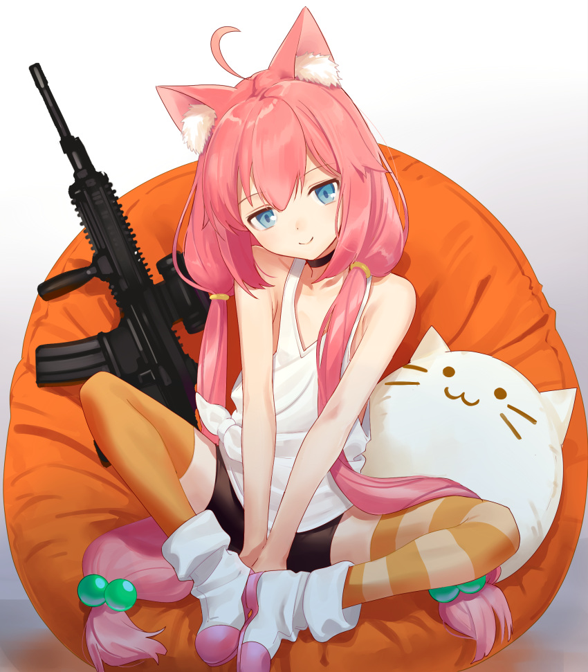 ahoge animal_ear_fluff animal_ears assault_rifle bean_bag bike_shorts blue_eyes boots cat_ears choker feet_together gun hair_bobbles hair_ornament head_tilt heckler_&amp;_koch highres hinata_channel hk416 knees_apart_feet_together long_hair low_twintails mismatched_legwear nekomiya_hinata orange_legwear pink_hair rifle shorts sitting smile solo spread_legs striped striped_legwear thighhighs twintails urata_asao v_arms vest virtual_youtuber weapon white_footwear white_vest