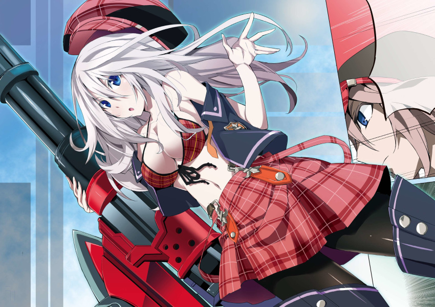alisa_ilinichina_amiella bikini black_footwear black_legwear black_ribbon blue_eyes boots breasts cleavage collarbone dutch_angle floating_hair front-tie_bikini front-tie_top god_eater hair_between_eyes hat highres holding holding_weapon large_breasts long_hair midriff miniskirt navel okiura open_mouth pantyhose plaid plaid_bikini pleated_skirt red_bikini_top red_skirt ribbon shiny shiny_skin silver_hair skirt solo standing stomach swimsuit thigh_boots thighhighs very_long_hair weapon