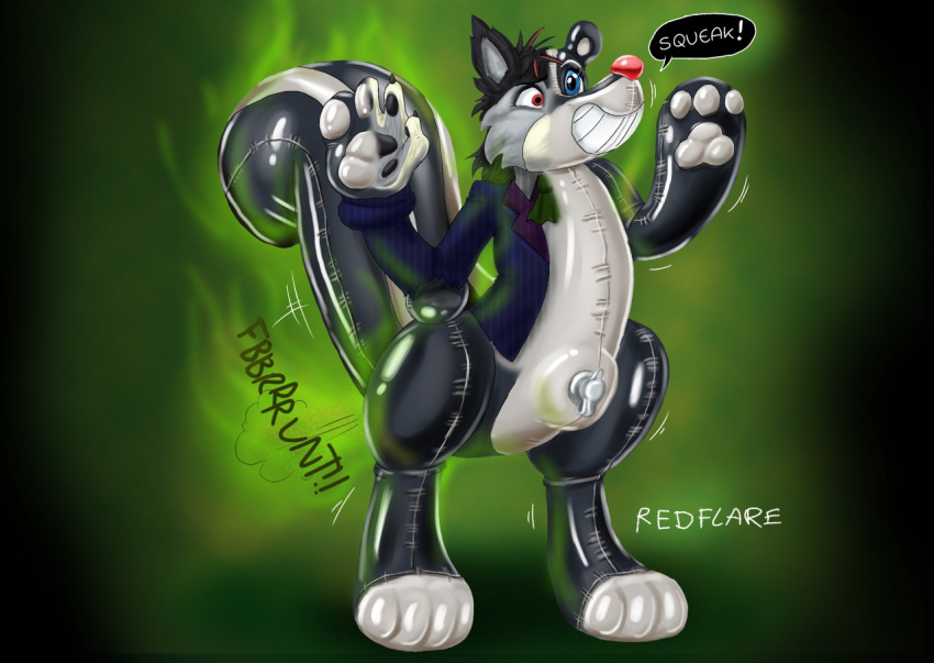 2017 3_fingers 4_fingers animate_inanimate anthro black_claws black_pawpads blue_eyes canine claws digital_drawing_(artwork) digital_media_(artwork) english_text fart fart_fetish fur hair inflatable living_inflatable male mammal nozzle nude pawpads paws pink_nose pool_toy red_eyes redflare500 reyn_the_lucario rubber shiny simple_background skunk smile solo sound_effects speech_bubble standing story story_in_description teeth text transformation white_pawpads wolf zeydaan