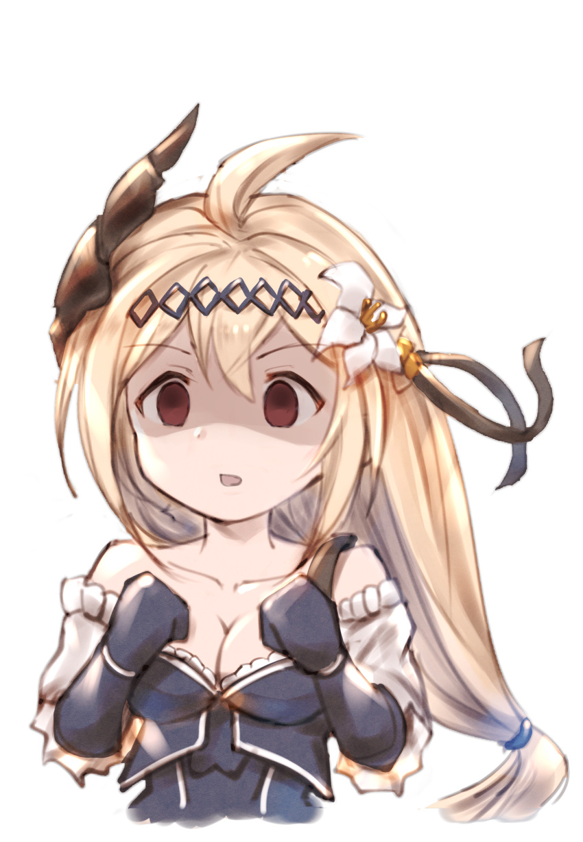 absurdres ahoge bangs bare_shoulders black_ribbon blonde_hair blue_dress blue_gloves blush breasts brown_eyes cleavage collarbone detached_sleeves dress elbow_gloves empty_eyes eyebrows_visible_through_hair flower gloves granblue_fantasy hair_between_eyes hair_flower hair_ornament hair_ribbon highres horns jeanne_d'arc_(granblue_fantasy) long_hair long_sleeves low-tied_long_hair medium_breasts milli_little parted_lips ribbon shaded_face solo transparent_background very_long_hair white_flower