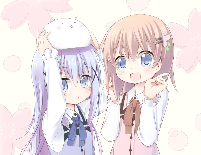 :d :o angora_rabbit animal animal_on_head arms_up ayanepuna bangs beige_background blue_bow blue_eyes blue_hair blue_vest blush bow brown_bow bunny collared_shirt commentary_request eyebrows_visible_through_hair fingernails gochuumon_wa_usagi_desu_ka? hair_between_eyes hair_ornament hairclip hands_up hoto_cocoa index_finger_raised kafuu_chino light_brown_hair long_sleeves looking_at_viewer multiple_girls on_head open_mouth parted_lips pink_vest rabbit_house_uniform shirt smile tippy_(gochiusa) uniform vest white_shirt x_hair_ornament