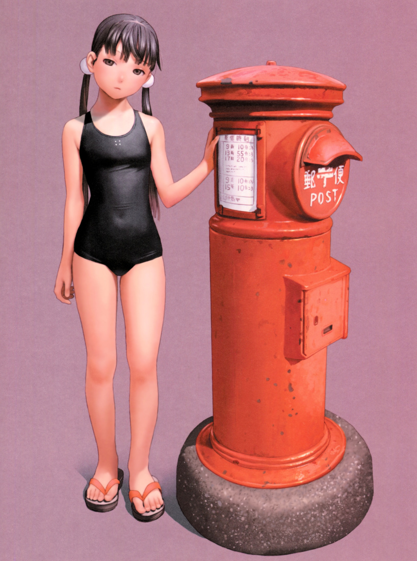 absurdres arm_at_side bangs bare_arms bare_legs bare_shoulders black_eyes black_hair black_swimsuit blunt_bangs breasts closed_mouth covered_navel expressionless feet flip-flops full_body futuregraph hair_ornament head_tilt highres japanese_cylindrical_postbox japanese_postal_mark long_hair looking_at_viewer low_twintails murata_renji one-piece_swimsuit pink_background postbox_(outgoing_mail) purple_background sandals scan simple_background small_breasts solo standing swimsuit text_focus toes twintails