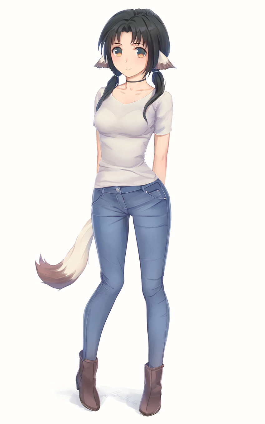 animal_ears anklet arms_behind_back bangs black_choker blush bralines brown_eyes brown_footwear casual choker closed_mouth collarbone contemporary denim eruruw full_body grey_shirt hair_tie highres jeans jewelry legs_apart long_hair looking_at_viewer low_twintails miura-n315 pants parted_bangs pigeon-toed pocket shirt short_sleeves simple_background smile solo standing tail tareme twintails utawareru_mono utawareru_mono:_itsuwari_no_kamen white_background