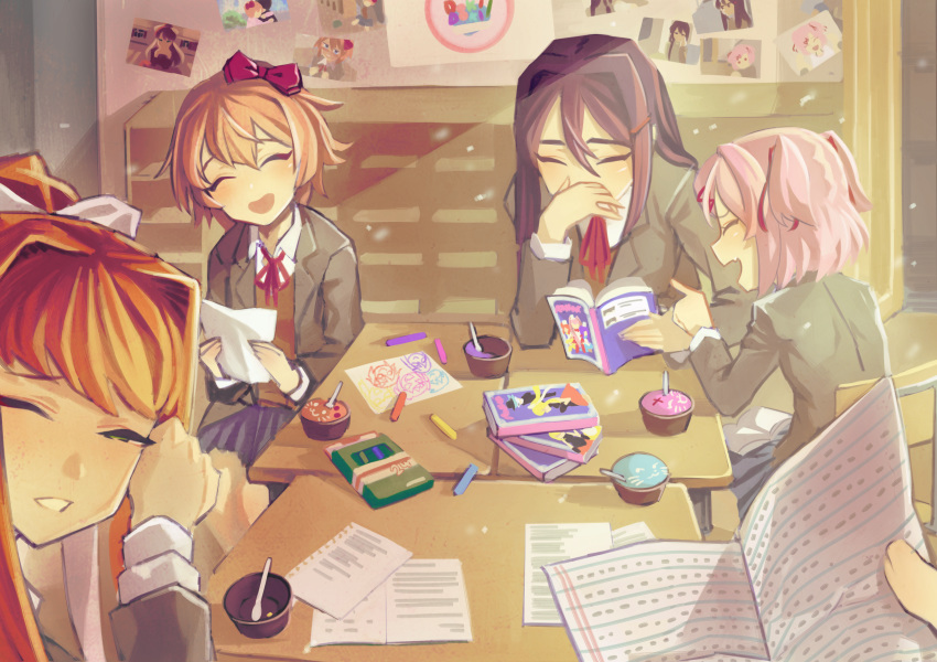 :d absurdres bangs blazer blue_skirt book book_on_lap bow brown_hair chair classroom closed_eyes collared_shirt commentary copyright_name covering_mouth crayon cupcake day desk doki_doki_literature_club english_commentary facing_viewer food grey_jacket grin hair_between_eyes hair_bow hair_intakes hair_ornament hairclip hand_over_own_mouth hand_up head_tilt highres holding holding_book holding_paper indoors jacket laughing light_particles long_hair long_sleeves monika_(doki_doki_literature_club) multiple_girls natsuki_(doki_doki_literature_club) neck_ribbon open_book open_mouth paper photo_(object) pink_hair pleated_skirt pointing ponytail pov pov_hands protagonist_(doki_doki_literature_club) purple_hair red_bow red_neckwear red_ribbon ribbon sayori_(doki_doki_literature_club) school school_chair school_desk school_uniform shelf shirt short_hair sidelocks sitting skirt smile spoon sunlight teeth wetryuuyiop white_bow white_ribbon white_shirt wing_collar yuri_(doki_doki_literature_club)