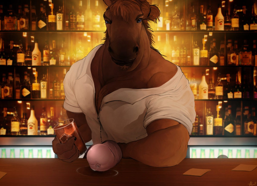 alcohol animal_genitalia animal_penis anthro bar beverage clothed clothing equine equine_penis horse looking_at_viewer male mammal muscular muscular_male penis precum tahoe zomacaius