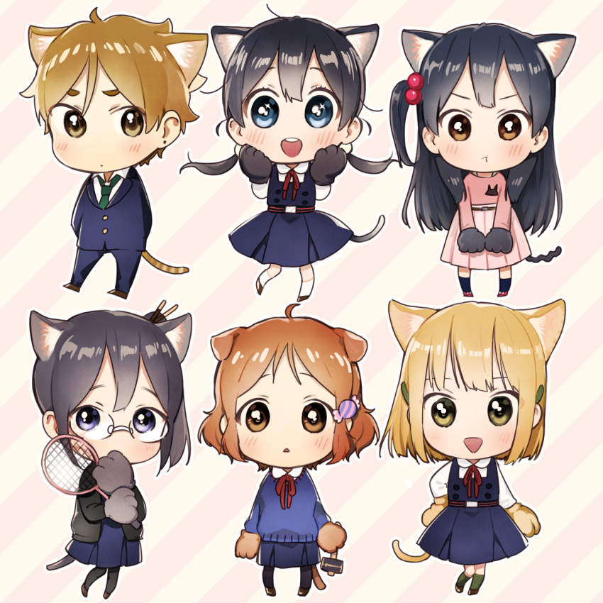 5girls animal_ears asagiri_shiori badminton_racket black_eyes black_hair blonde_hair blue_eyes blue_skirt blue_sweater brown_eyes brown_hair candy_wrapper cardigan cat_ears cat_tail chibi glasses gloves hair_bobbles hair_ornament hairclip highres kitashirakawa_anko kitashirakawa_tamako long_hair looking_at_viewer low_twintails makino_kanna momose_(oqo) multiple_girls ooji_mochizou paw_gloves paws pink_skirt pleated_skirt pout racket school_uniform short_hair side_ponytail skirt striped striped_background sweater tail tamako_market tokiwa_midori twintails