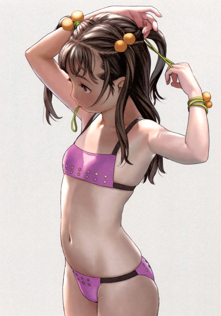 absurdres adjusting_hair armpits arms_up bangs bikini black_hair blush bracelet brown_eyes copyright_request cowboy_shot flat_chest grey_background hair_bobbles hair_ornament hair_tie hair_tie_in_mouth highres jewelry mouth_hold murata_renji navel pink_bikini realistic simple_background skindentation solo standing stomach swimsuit tan two_side_up tying_hair