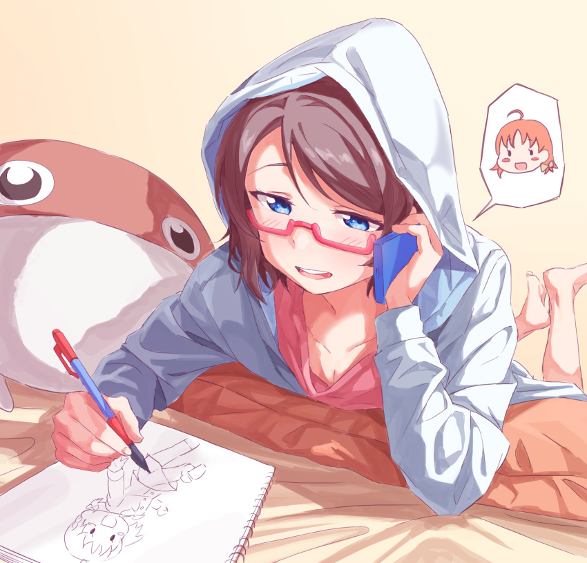 absurdres barefoot bed_sheet blue_eyes blue_jacket character_pillow drawing feet_up gamjolno glasses half-closed_eyes highres holding holding_phone hood hood_up hooded_jacket jacket love_live! love_live!_sunshine!! lying mechanical_pencil on_stomach open_mouth pencil phone pillow red-framed_eyewear semi-rimless_eyewear sketchbook smile solo spoken_person takami_chika talking_on_phone tan_background uchicchii under-rim_eyewear watanabe_you
