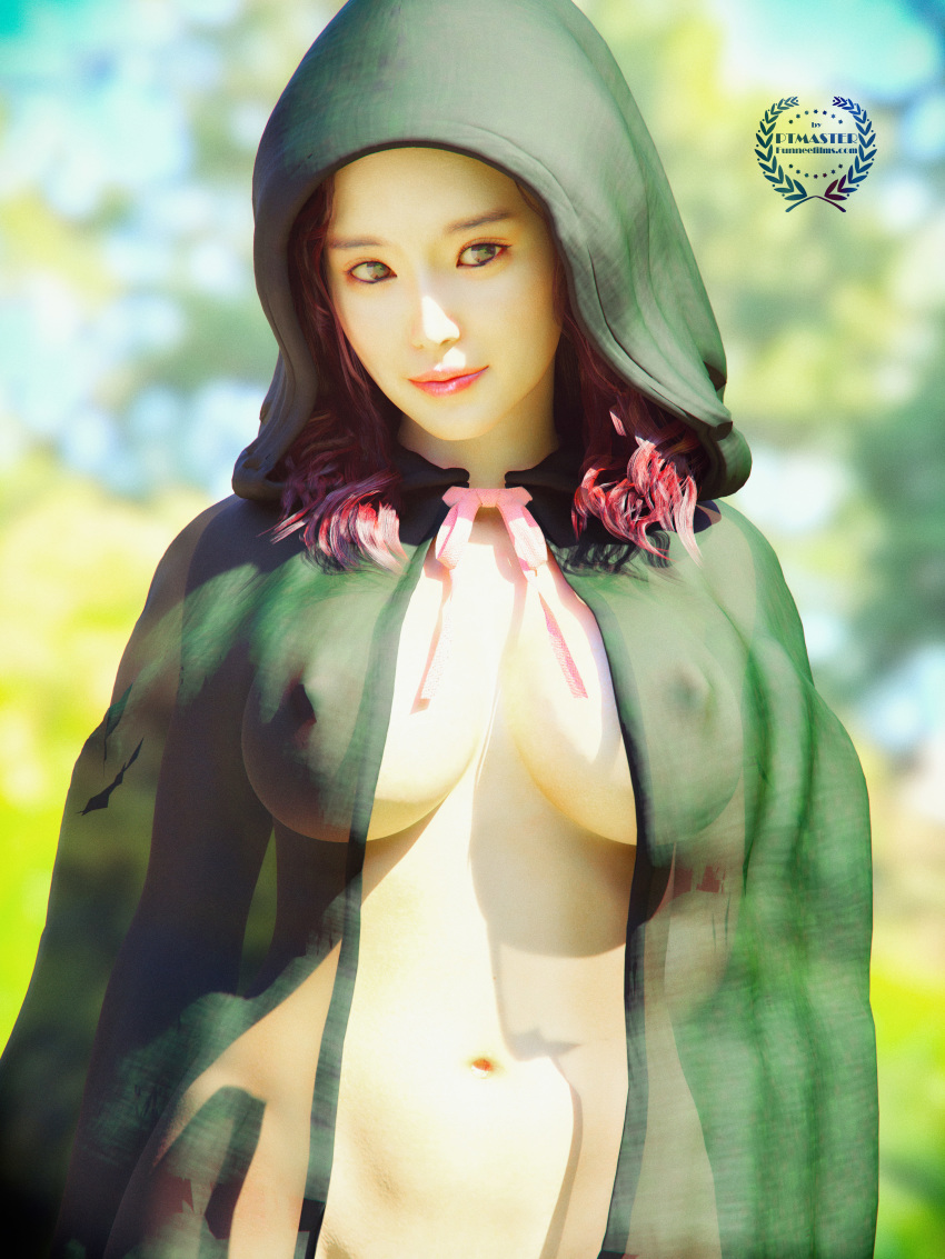 3d absurdres artist_name blurry breasts day depth_of_field highres hood huge_breasts naked_cloak navel nipples original outdoors ptmaster see-through solo watermark web_address