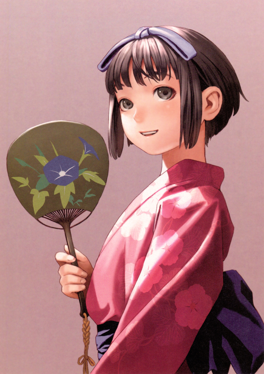 :d absurdres bob_cut brown_eyes brown_hair copyright_request fan floral_print from_side hair_ribbon highres holding holding_fan japanese_clothes kimono looking_to_the_side murata_renji obi open_mouth paper_fan pink_background pink_kimono print_kimono purple_ribbon ribbon sash scan shiny shiny_hair short_hair sidelocks simple_background smile solo teeth uchiwa upper_body