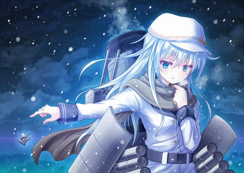 bangs belt black_scarf blue_eyes blush cannon cloud cloudy_sky eyebrows_visible_through_hair flat_cap glint hair_between_eyes hammer_and_sickle hat hibiki_(kantai_collection) kantai_collection long_hair long_sleeves looking_at_viewer night night_sky outdoors outstretched_arm parted_lips rigging roman_numerals scarf shiny shiny_hair silver_hair sky snowing solo star torpedo_tubes tsurime turret upper_body verniy_(kantai_collection) very_long_hair white_coat white_hat winter yatsu_seisakusho