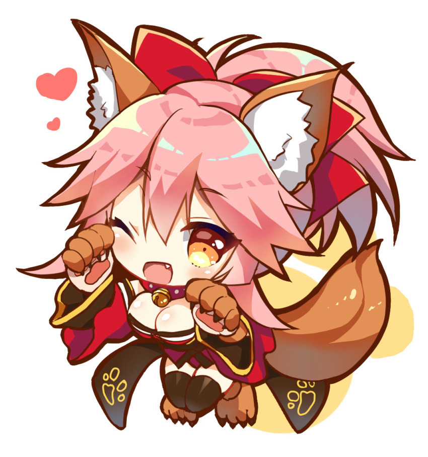 ;d animal_ear_fluff animal_ears bangs black_legwear blush bow breasts brown_eyes chibi cleavage commentary_request eyebrows_visible_through_hair fang fate/extra fate/grand_order fate_(series) fox_ears fox_girl fox_tail full_body gloves hair_between_eyes hair_bow hands_up japanese_clothes kimono large_breasts long_hair long_sleeves looking_at_viewer natsuki_marina one_eye_closed open_mouth paw_gloves paw_shoes paws pink_hair ponytail red_bow red_kimono shoes smile solo tail tamamo_(fate)_(all) tamamo_cat_(fate) thighhighs wide_sleeves