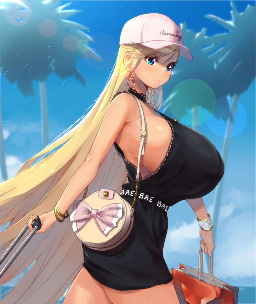 1girl absurdres bag bare_shoulders belt black_dress blonde_hair blue_eyes bracelet braid breasts cap dress earrings eyelashes hanging_breasts highres holding_bag huge_breasts jewelry lens_flare long_hair looking_at_viewer magister_(medical_whiskey) original outdoors palm_tree pandora_smith shopping_bag shoulder_bag sideboob skindentation solo sunlight very_long_hair walking