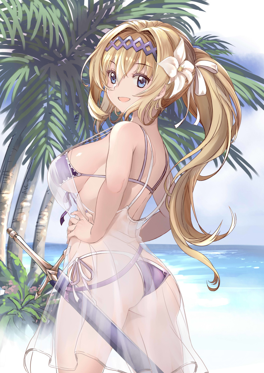absurdres ass bangs bare_arms bare_shoulders bikini blonde_hair blue_eyes blush breasts bush cowboy_shot day eyebrows_visible_through_hair flower front-tie_bikini front-tie_top granblue_fantasy hair_flower hair_intakes hair_ornament hairband hands_on_hips highres horizon jeanne_d'arc_(granblue_fantasy) kaorihero large_breasts long_hair looking_at_viewer nail_polish ocean outdoors palm_tree purple_bikini purple_hairband purple_nails purple_ribbon ribbon see-through sheath sheathed shiny shiny_hair shiny_skin side-tie_bikini sideboob solo standing strap_gap swimsuit tareme tree very_long_hair water white_ribbon