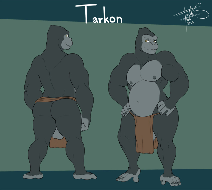 2018 anthro ape balls black_fur brown_eyes butt character_name clothing digital_media_(artwork) freckles_(artist) fur gorilla loincloth looking_at_viewer looking_back male mammal model_sheet muscular nipples pecs primate rear_view simple_background smile solo standing tagme