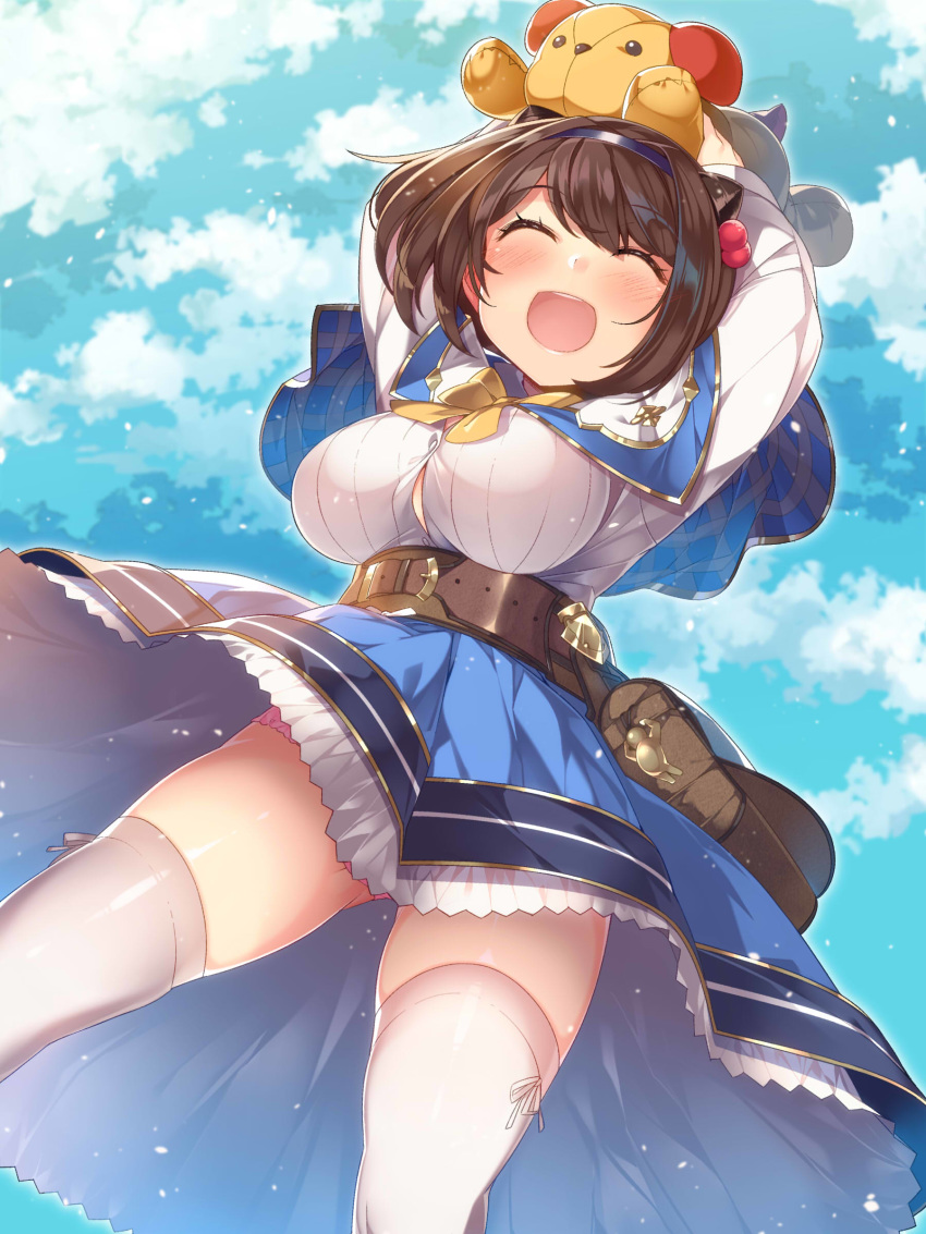 :d ^_^ absurdres arms_up ass_visible_through_thighs bangs blue_skirt blue_sky blush bow bowtie breasts brown_hair capelet closed_eyes cloud commentary_request day draph eyebrows_visible_through_hair granblue_fantasy hair_bobbles hair_ornament hairband highres horns kokka_han large_breasts long_sleeves open_mouth oppai_loli outdoors panties pantyshot pink_panties shirt short_hair skirt sky smile solo stuffed_animal stuffed_toy teddy_bear thighhighs underwear white_legwear white_shirt yaia_(granblue_fantasy)