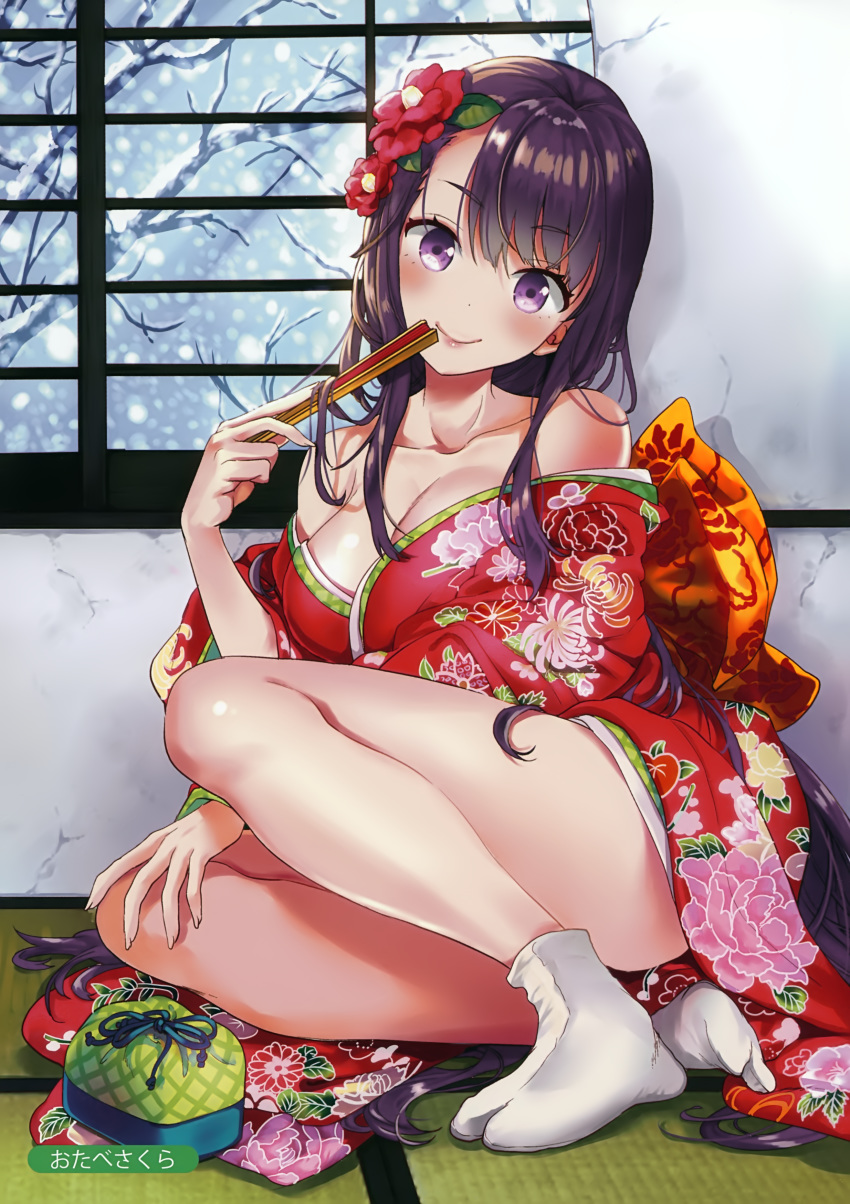 absurdres artist_name bangs bare_shoulders between_legs blush branch breasts cleavage closed_mouth collarbone eyebrows_visible_through_hair fingernails flower hair_between_eyes hair_flower hair_ornament hand_between_legs highres holding japanese_clothes kimono long_hair looking_at_viewer medium_breasts melonbooks non-web_source open_clothes open_shirt otabe_sakura purple_eyes scan sitting snow socks solo tree white_footwear