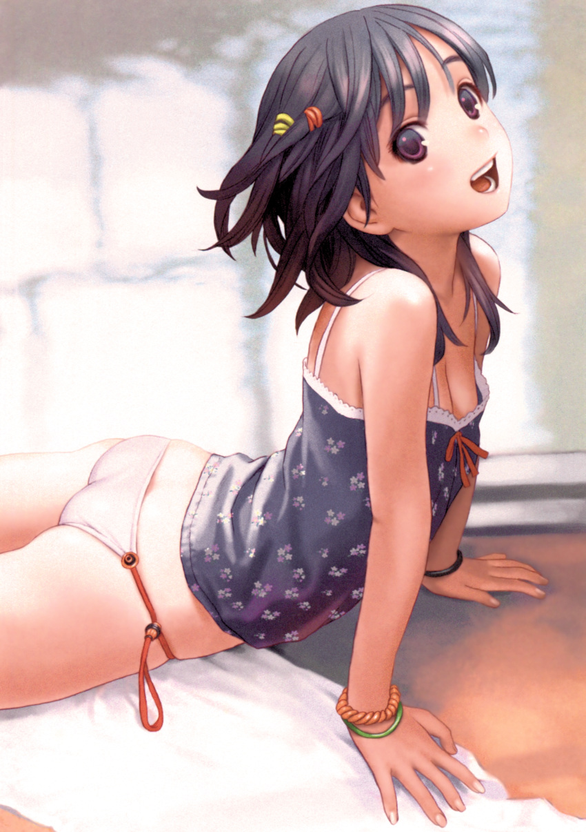 :d absurdres arm_support ass bangs bare_shoulders black_hair blurry blurry_background blush bracelet breasts camisole cleavage cowboy_shot face floral_print from_side hair_ornament hands highres jewelry looking_at_viewer looking_to_the_side lying murata_renji no_pants on_stomach open_mouth panties purple_eyes side-tie_panties sleeveless small_breasts smile solo string_panties tareme teeth underwear underwear_only white_panties