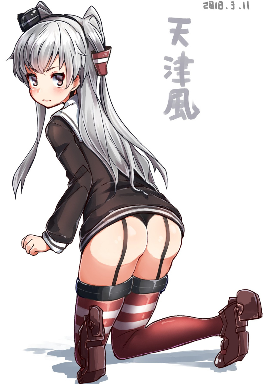 amatsukaze_(kantai_collection) ass black_panties brown_dress brown_eyes character_name commentary_request dress from_behind garter_straps hair_tubes hat highres kantai_collection kneeling long_hair looking_at_viewer looking_back mini_hat panties red_legwear sailor_collar sailor_dress short_dress silver_hair solo striped striped_legwear thong two_side_up underwear white_background white_sailor_collar windsock yufuissei0702