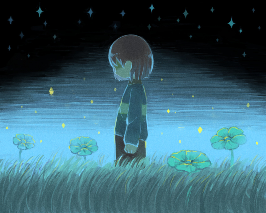 chara_(undertale) dark from_side grass long_sleeves sasa_kichi shaded_face solo sweater undertale