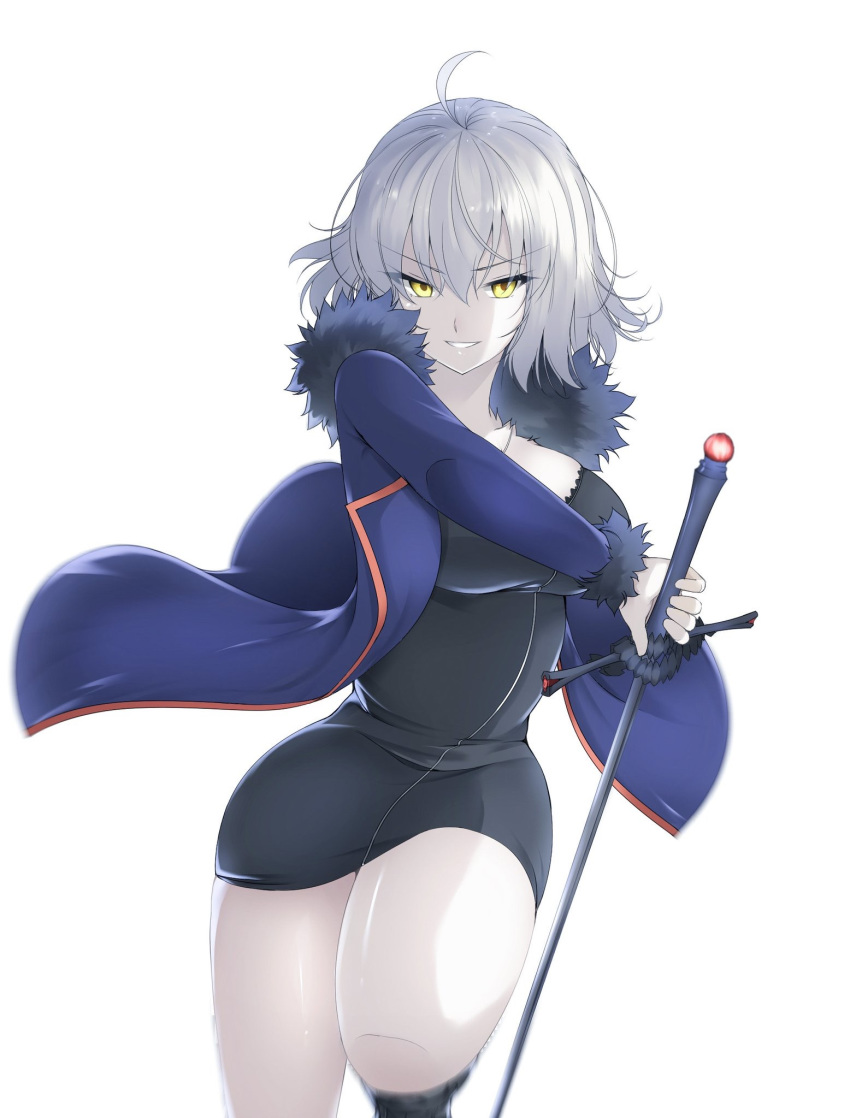 ahoge bangs black_dress blue_coat breasts coat commentary_request dress eyebrows_visible_through_hair fate/grand_order fate_(series) fur_trim grin hair_between_eyes highres hips jeanne_d'arc_(alter)_(fate) jeanne_d'arc_(fate)_(all) koro_(tyunnkoro0902) large_breasts looking_at_viewer open_clothes open_coat silver_hair simple_background smile solo sword thighs weapon white_background wicked_dragon_witch_ver._shinjuku_1999 yellow_eyes