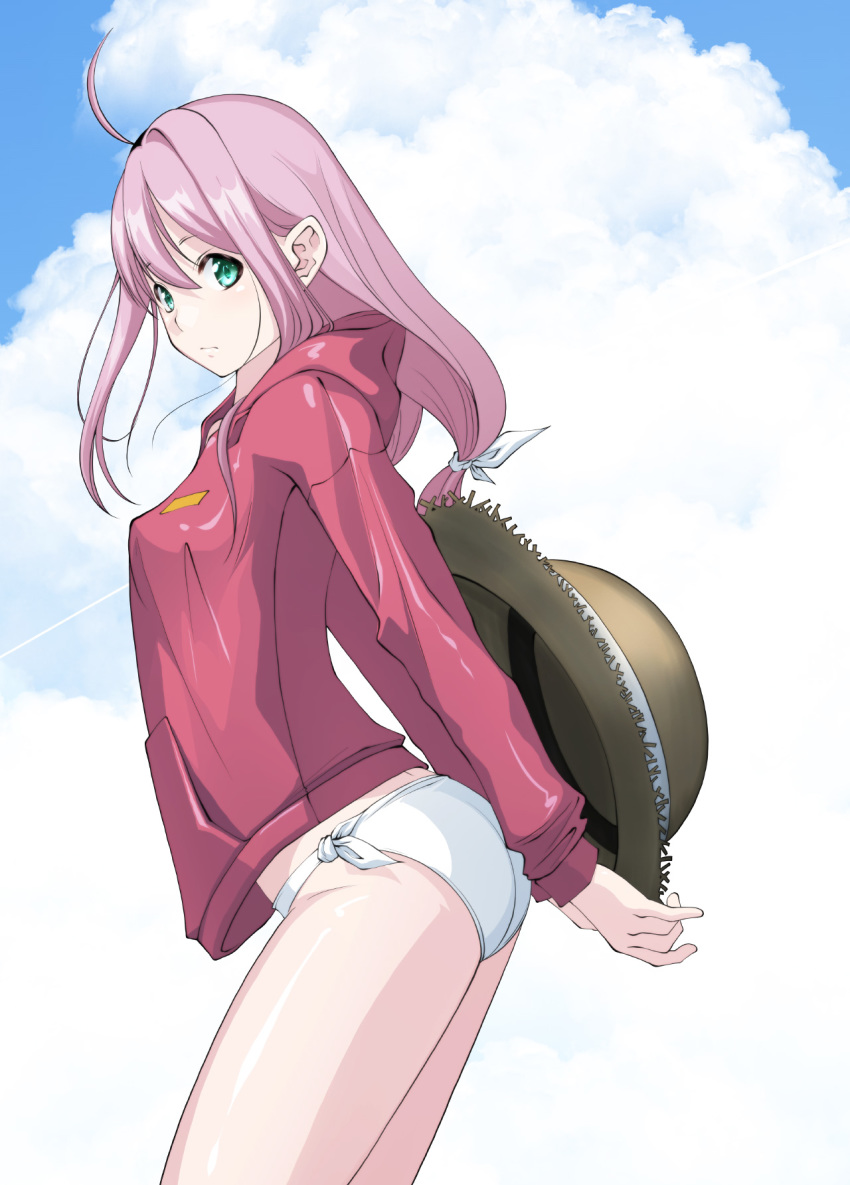 ahoge aqua_eyes blue_sky bow breasts closed_mouth cloud commentary condensation_trail day hair_bow hat highres hood hoodie kagamihara_nadeshiko large_breasts locks long_hair looking_at_viewer outdoors pink_hair red_hoodie sky solo sun_hat swimsuit tomcat white_bikini_bottom white_bow white_swimsuit yurucamp
