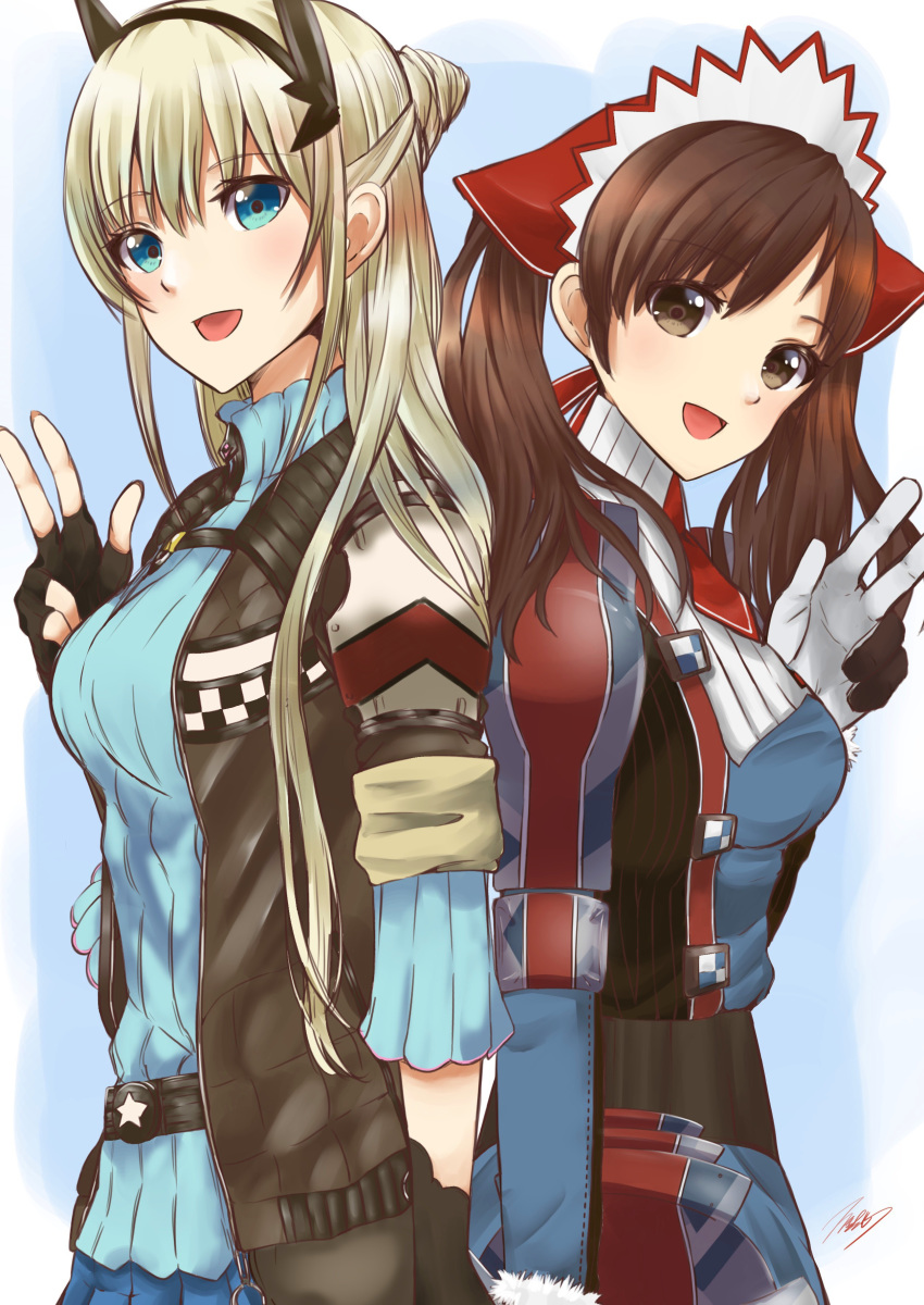 :d absurdres alicia_melchiott back-to-back bangs blonde_hair blue_eyes blush brown_eyes brown_hair gloves headdress highres jacket long_hair looking_at_viewer mar0maru military military_uniform multiple_girls open_mouth pantyhose pleated_skirt reiley_miller ribbed_sweater senjou_no_valkyria senjou_no_valkyria_1 senjou_no_valkyria_4 simple_background skirt smile sweater twintails uniform white_background