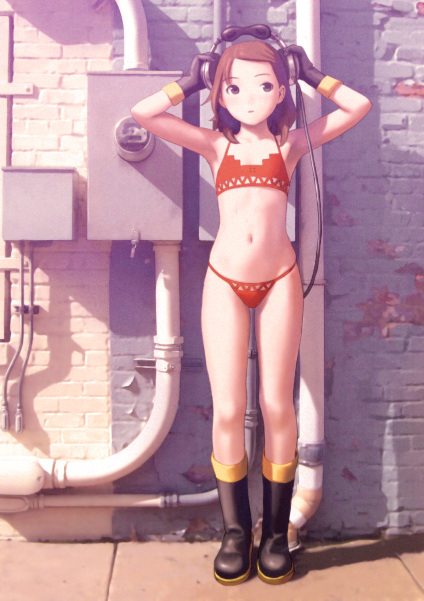 absurdres armpits arms_up bare_shoulders bikini black_eyes black_footwear black_gloves boots brick_wall brown_hair building cable crossed_arms day flat_chest forehead full_body futuregraph gloves headphones highres looking_at_viewer murata_renji navel outdoors pipes red_bikini rubber_boots scan shadow short_hair solo standing stomach sunlight swimsuit tareme