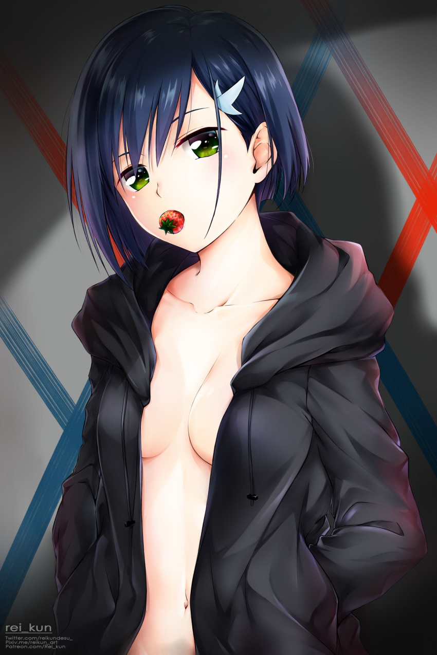 artist_name black_hoodie blue_hair blush breasts cleavage collarbone darling_in_the_franxx drawstring food fruit green_eyes hair_ornament hairclip hands_in_pockets head_tilt highres hood hoodie ichigo_(darling_in_the_franxx) long_sleeves looking_at_viewer medium_breasts mouth_hold naked_hoodie navel no_bra object_namesake open_clothes open_hoodie rei_kun shadow shiny shiny_hair short_hair solo stomach strawberry tareme upper_body watermark web_address