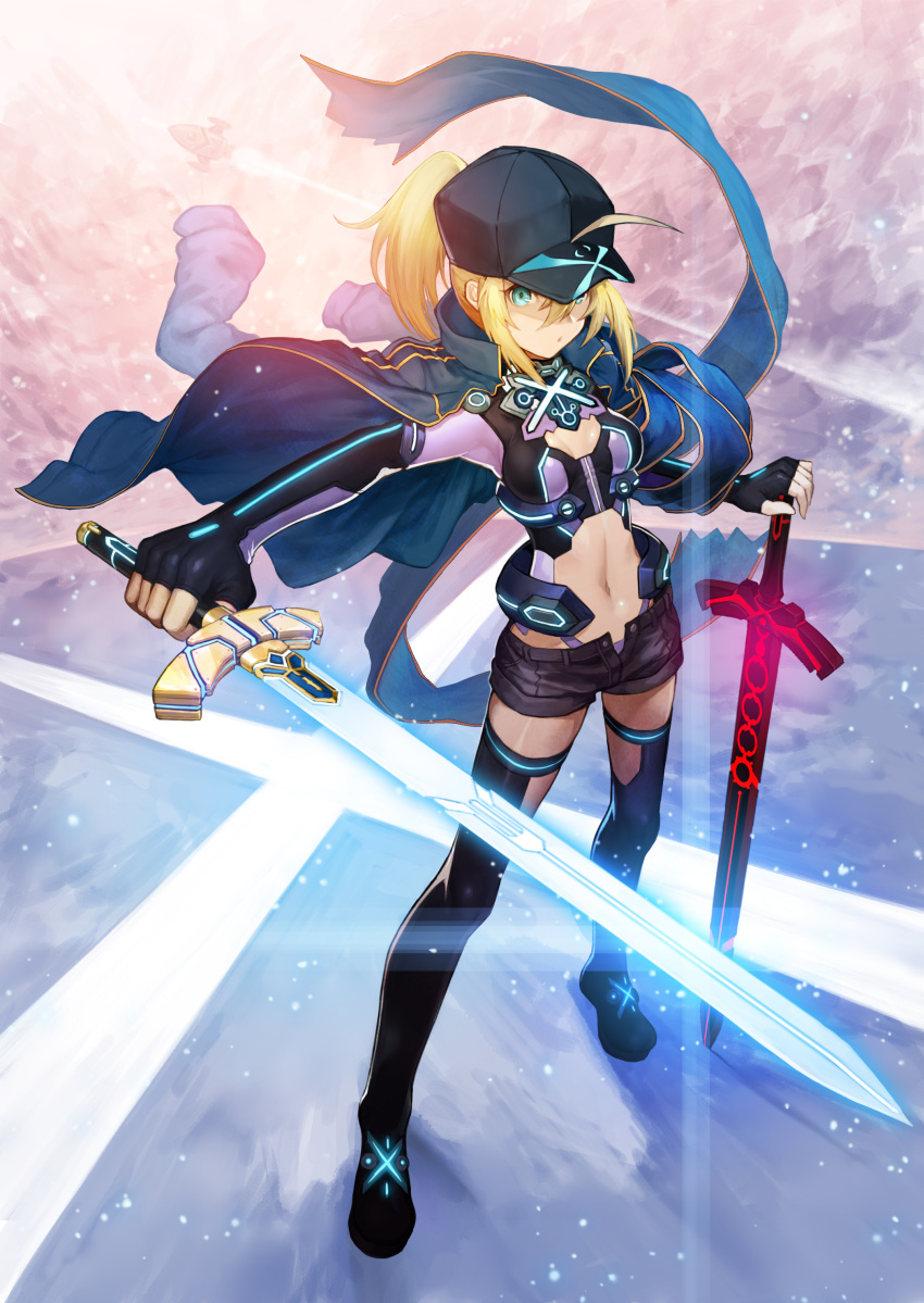 absurdres artoria_pendragon_(all) bangs baseball_cap black_gloves black_legwear black_shorts blonde_hair blue_eyes breasts closed_mouth commentary_request dark_excalibur elbow_gloves excalibur fate_(series) fingerless_gloves full_body gloves hair_between_eyes hat highres holding holding_sword holding_weapon jacket_on_shoulders legs_apart looking_at_viewer midriff mysterious_heroine_x navel neon_trim nkmr8 open_fly open_track_jacket ponytail rojiura_satsuki:_chapter_heroine_sanctuary serious shorts sidelocks small_breasts solo standing sword thighhighs weapon wind