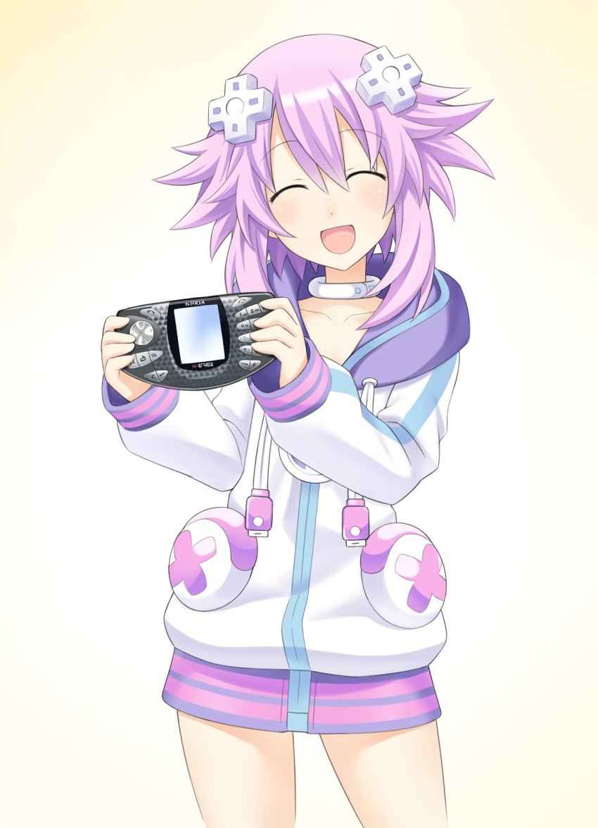 controller d-pad d-pad_hair_ornament game_console game_controller getaro hair_ornament handheld_game_console highres hood hooded_track_jacket hoodie jacket neptune_(choujigen_game_neptune) neptune_(series) nokia_(company) nokia_n-gage purple_hair striped striped_legwear track_jacket