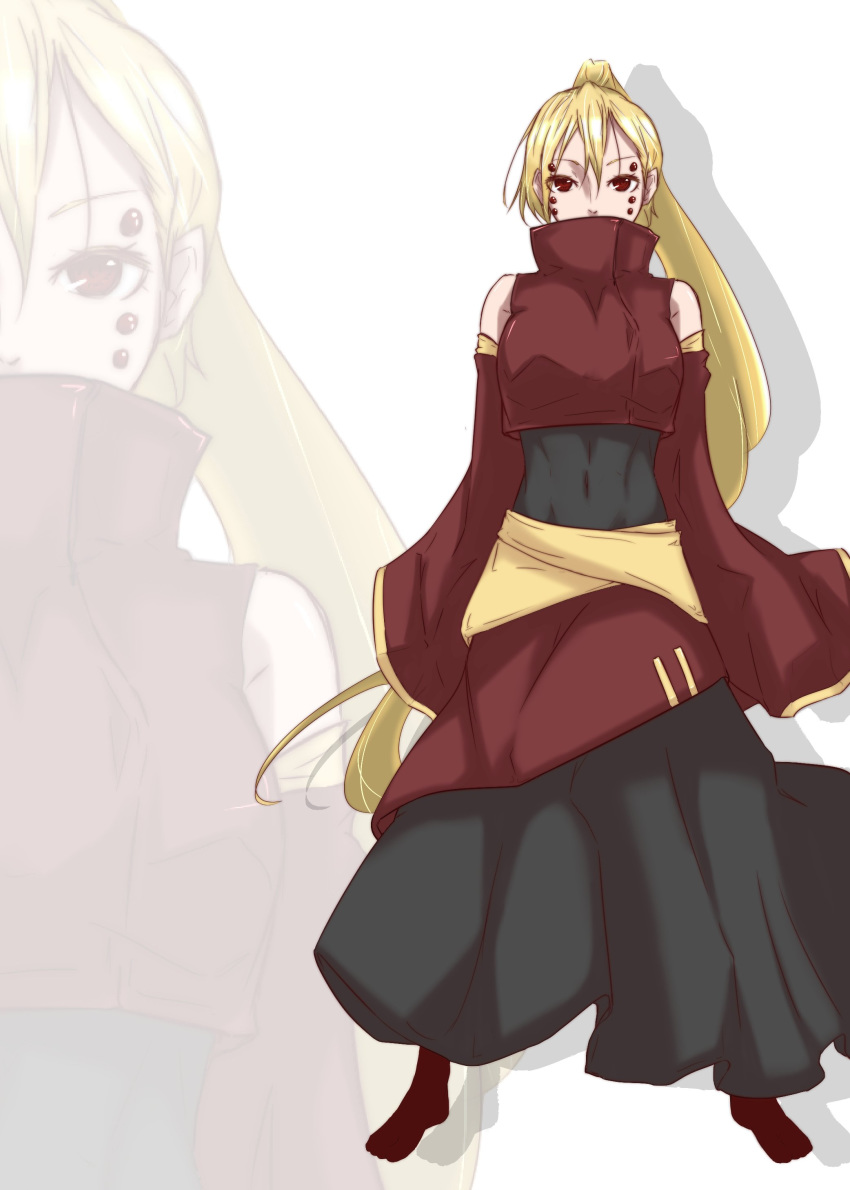 absurdres adapted_costume afterimage blonde_hair breasts commentary_request crop_top detached_sleeves extra_eyes eyebrows eyes_visible_through_hair full_body hair_between_eyes highres kurodani_yamame large_breasts layered_skirt lian_gui long_ponytail long_skirt looking_at_viewer navel red_eyes red_legwear red_shirt shadow shirt simple_background skirt solo standing stomach touhou turtleneck undershirt white_background wide_sleeves