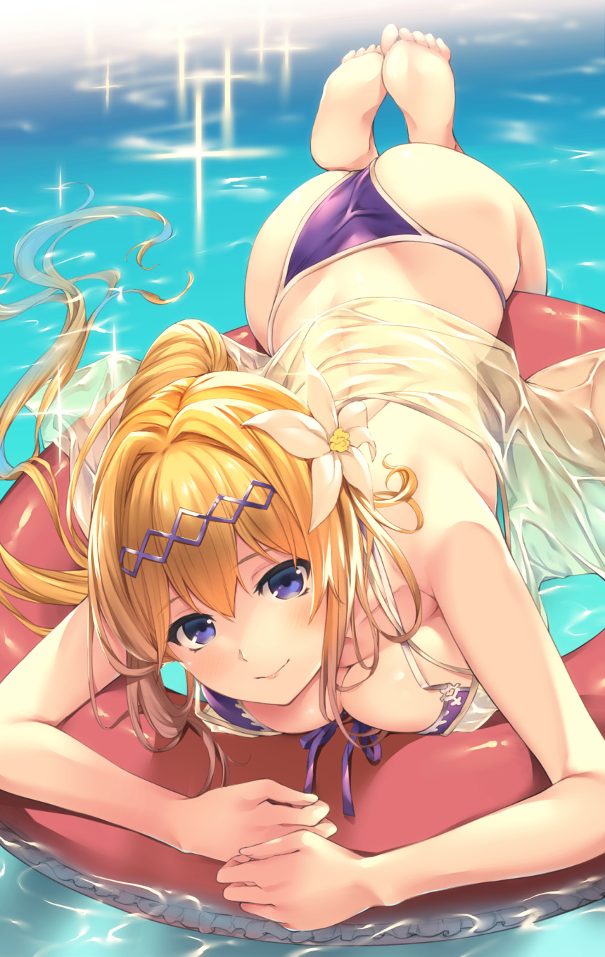 afloat akanagi_youto ass back bangs bare_shoulders barefoot bikini blush breast_press breasts cleavage closed_mouth collarbone day eyebrows_visible_through_hair feet_up flower foreshortening front-tie_bikini front-tie_top granblue_fantasy hair_flower hair_ornament hairband head_tilt high_ponytail highres innertube jeanne_d'arc_(granblue_fantasy) large_breasts lips long_hair looking_at_viewer outdoors ponytail purple_bikini purple_hairband purple_ribbon ribbon see-through shiny shiny_hair smile soles solo sparkle swimsuit very_long_hair water