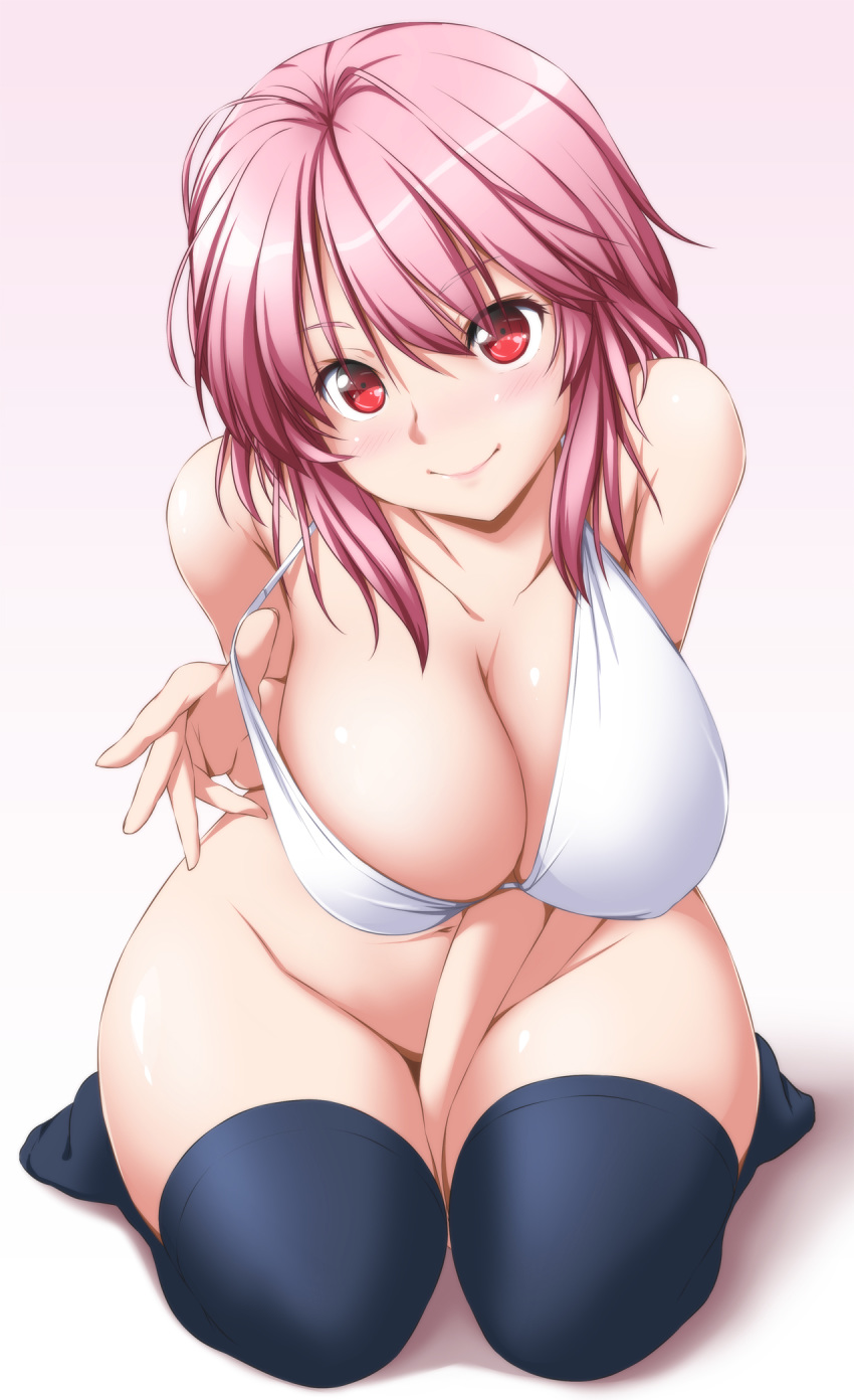 bangs bare_shoulders between_legs black_legwear bottomless bra breasts cleavage closed_mouth collarbone eyebrows_visible_through_hair full_body gradient gradient_background hand_between_legs highres large_breasts leaning_forward lips looking_at_viewer no_shoes nori_tamago pink_background pink_hair red_eyes saigyouji_yuyuko seiza shadow shiny shiny_hair sitting smile solo thighhighs touhou underwear underwear_only white_background white_bra wide_hips