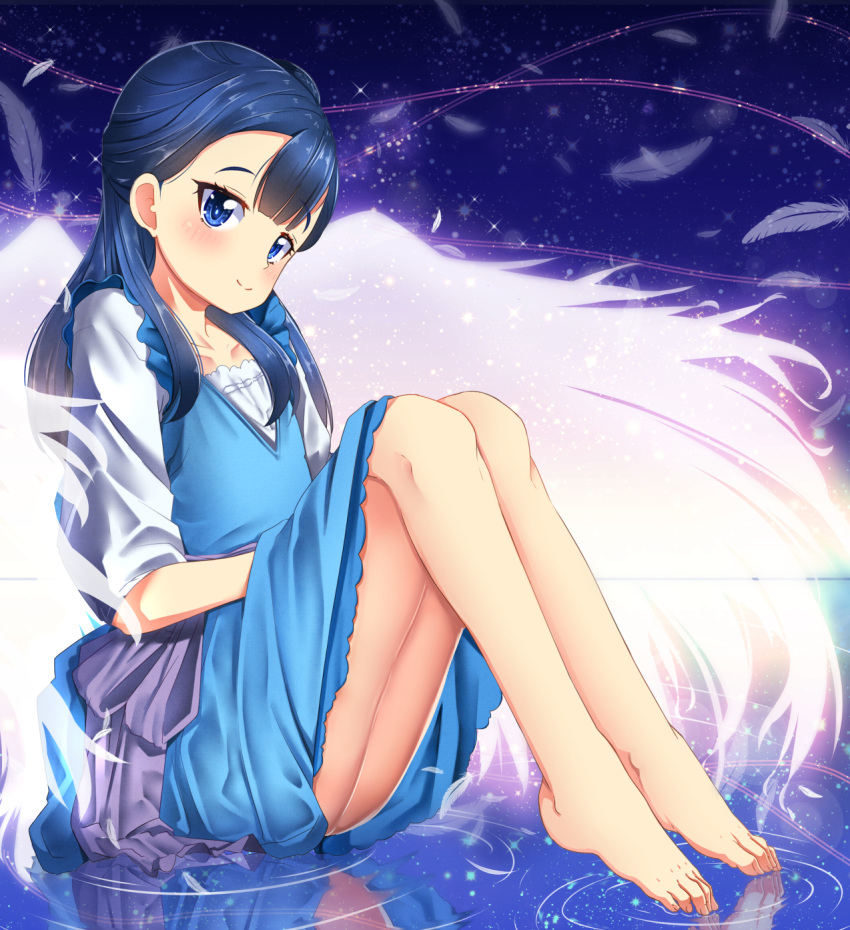 bangs barefoot blue_dress blue_hair blunt_bangs blush commentary_request dress feathers half_updo highres hugtto!_precure knees_together_feet_apart long_hair looking_at_viewer mad_(hazukiken) precure reflection ripples sash sitting sitting_on_water smile solo wings yakushiji_saaya