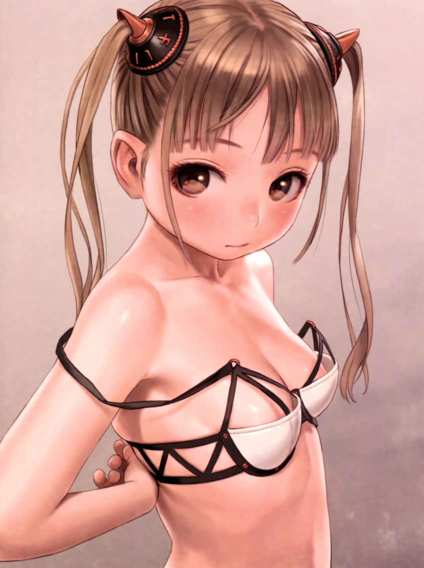 absurdres adjusting_bra adjusting_clothes bangs bare_shoulders blunt_bangs blush bra breasts brown_eyes brown_hair cleavage closed_mouth collarbone copyright_request expressionless from_side grey_background half_updo highres looking_at_viewer murata_renji petite scan shiny shiny_hair shiny_skin small_breasts solo strap_slip tareme twintails underwear underwear_only upper_body