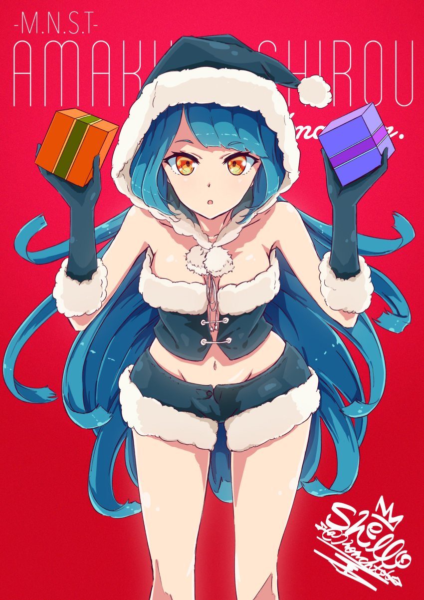 absurdres amakusa_shirou_(monster_strike) bangs bare_shoulders blue_gloves blue_hair blue_hat blue_shorts breasts character_name christmas cleavage fur_trim gift gloves hat highres holding holding_gift hood long_hair medium_breasts midriff monster_strike navel open_mouth orange_eyes red_background sherumaru_(korcht06) short_shorts shorts solo swept_bangs very_long_hair
