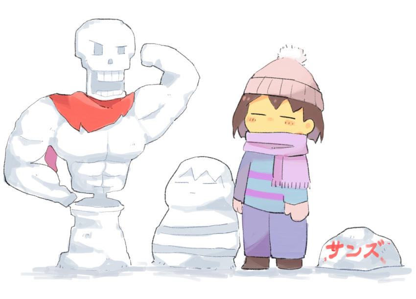 =_= androgynous beanie frisk_(undertale) full_body hat mittens papyrus_(undertale) pom_pom_(clothes) sasa_kichi scarf snowman standing striped striped_sweater sweater undertale white_background