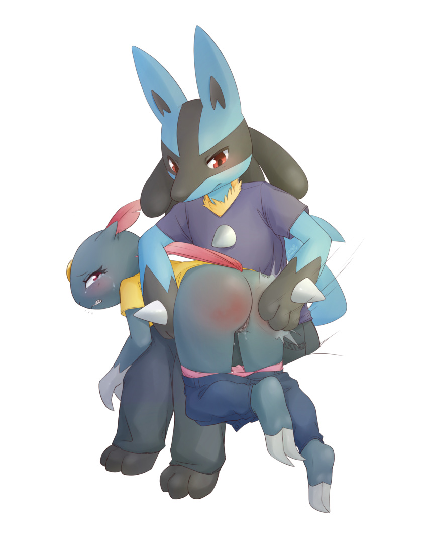 1boy 1girl animal_ears artist_name ass blue_pants blush blushpumpkin claws clenched_teeth crying feet from_behind full_body gen_2_pokemon gen_4_pokemon half-closed_eyes highres looking_back lucario panties pants pants_pull panty_pull paws pink_panties pokemon pokemon_(creature) purple_eyes purple_shirt pussy pussy_juice red_eyes shirt short_sleeves signature simple-background sitting sneasel spanking tail tears teeth text white_background wolf_ears yellow_shirt