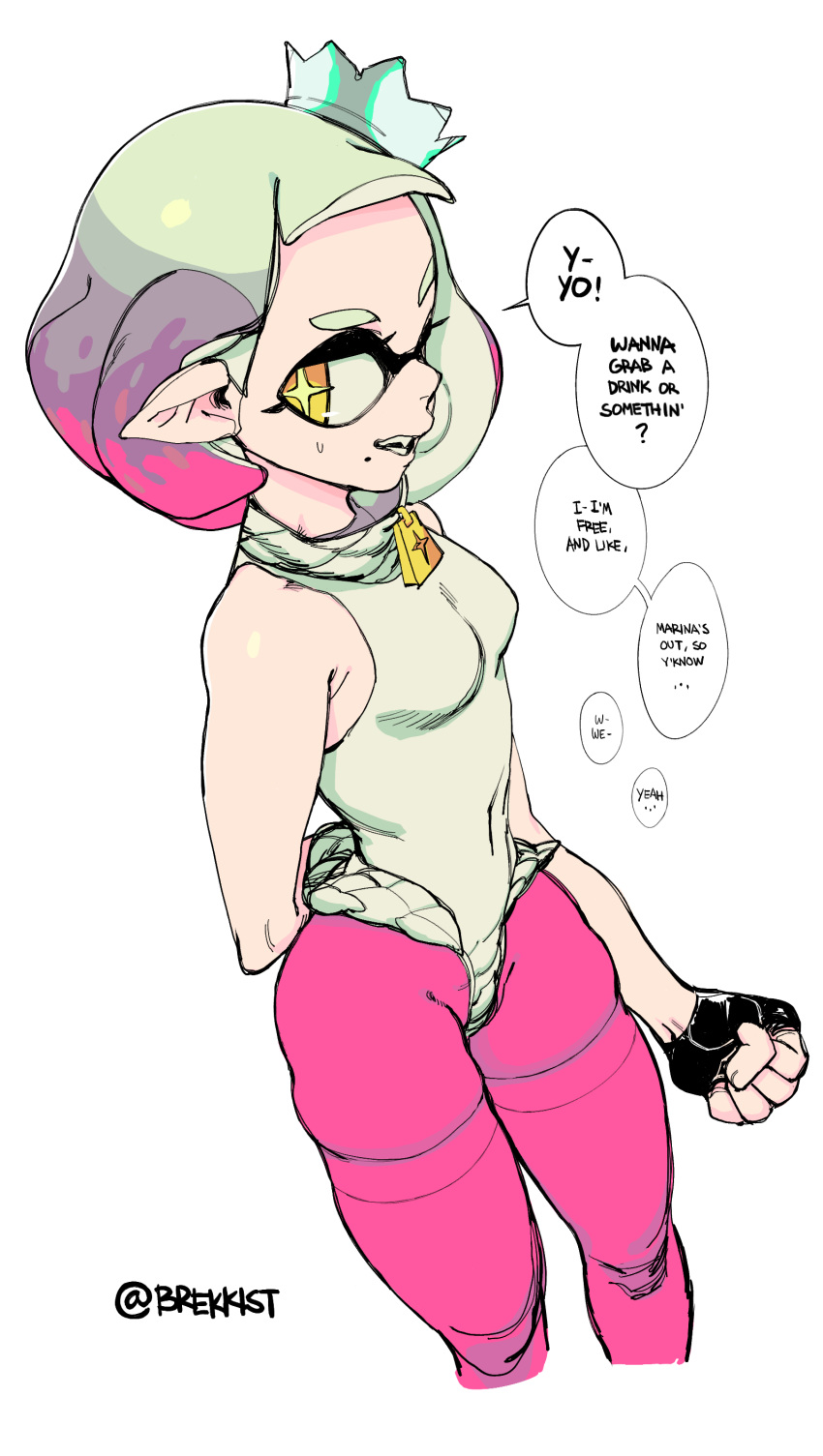 2017 alternate_version_at_source beauty_mark breasts brekkist cephalopod clothed clothing crown dialogue digital_media_(artwork) english_text fangs female fingerless_gloves fist gloves hair hand_behind_back humanoid inkling legwear leotard looking_at_viewer marine nervous nintendo not_furry pearl_(splatoon) pointy_ears signature simple_background smile solo speech_bubble splatoon squid sweat sweatdrop tentacle_hair tentacles text tights video_games yellow_eyes