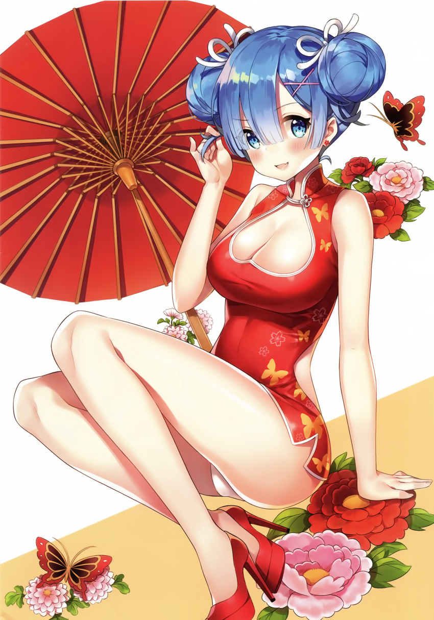 :d adjusting_hair alternate_hairstyle animal_print arm_at_side ayamy backless_dress backless_outfit blue_eyes blue_hair blush breasts bug butterfly butterfly_print camellia china_dress chinese_clothes cleavage cleavage_cutout double_bun dress earrings flower flower_earrings full_body hair_between_eyes hand_in_hair hand_up high_heels highres insect invisible_chair jewelry large_breasts looking_at_viewer medium_breasts no_legwear non-web_source open_mouth oriental_umbrella panties pantyshot pantyshot_(sitting) re:zero_kara_hajimeru_isekai_seikatsu red_dress red_flower red_footwear rem_(re:zero) scan short_dress short_hair sitting smile solo thighs two-tone_background umbrella underwear v-shaped_eyebrows white_panties