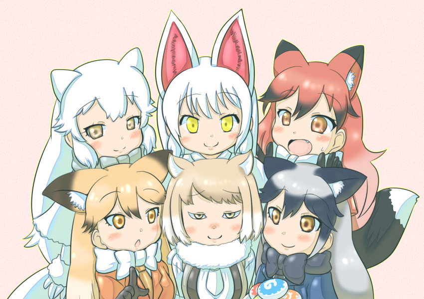 :d animal_ears arctic_fox_(kemono_friends) black_gloves black_hair blonde_hair blush bow bowtie brown_eyes closed_mouth commentary_request extra_ears ezo_red_fox_(kemono_friends) fang food fox_ears fox_tail fur_collar fuuryuu_(kazamaryusuke) gloves gradient_hair grey_hair half-closed_eyes japari_bun japari_symbol kemono_friends long_hair looking_at_viewer multicolored_hair multiple_girls oinari-sama_(kemono_friends) open_mouth pink_bow red_fox_(kemono_friends) red_hair silver_fox_(kemono_friends) simple_background smile tail tibetan_sand_fox_(kemono_friends) trait_connection white_hair yellow_eyes yellow_outline