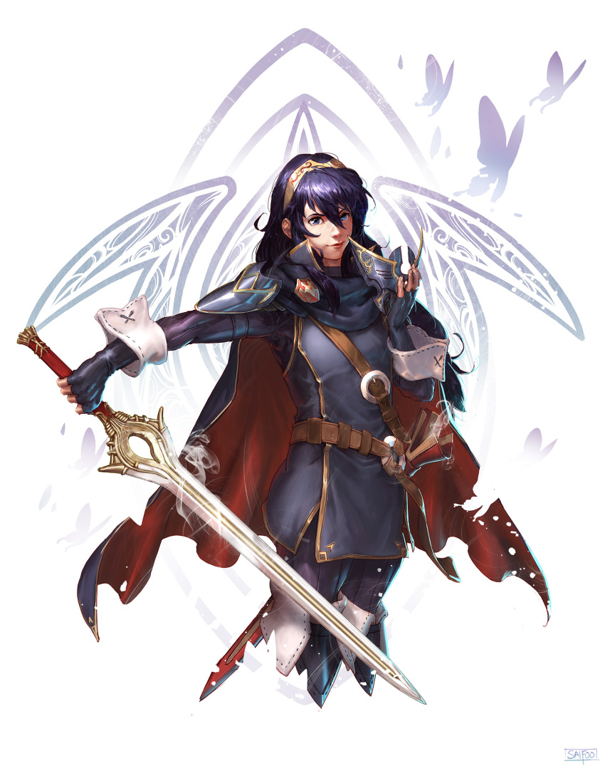 badge belt blue_eyes blue_hair bug butterfly cape commentary cropped_legs falchion_(fire_emblem) fire_emblem fire_emblem:_kakusei highres insect looking_at_viewer lucina mask mask_removed saifful_johan_foo scabbard sheath smile solo strap sword tiara weapon