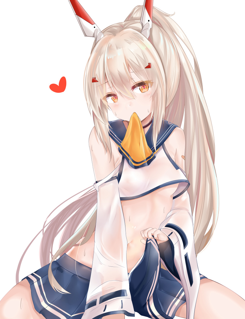 absurdres arm_support ayanami_(azur_lane) azur_lane bandaid_on_arm bangs bare_shoulders blue_skirt blush breasts brown_eyes commentary_request crop_top detached_sleeves eyebrows_visible_through_hair hair_between_eyes head_tilt headgear heart heart-shaped_pupils high_ponytail highres lifted_by_self light_brown_hair long_hair long_sleeves looking_at_viewer medium_breasts midriff mouth_hold navel pleated_skirt ponytail ru_zhai school_uniform serafuku shirt sidelocks simple_background sitting skirt skirt_lift sleeveless sleeveless_shirt solo sweat symbol-shaped_pupils underboob very_long_hair white_background white_shirt wide_sleeves yellow_neckwear