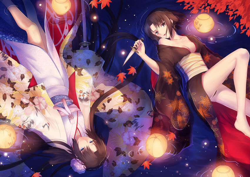 afloat arm_at_side autumn_leaves bangs bare_legs barefoot black_kimono black_panties breasts brown_eyes brown_hair cleavage closed_mouth collarbone dagger dual_persona eyebrows_visible_through_hair feet_out_of_frame floral_print flower from_above gogatsu_fukuin hair_flower hair_ornament hair_ribbon head_tilt highres holding holding_sword holding_weapon japanese_clothes kara_no_kyoukai kimono kimono_pull knee_up lantern leaf_print light light_particles long_hair long_sleeves looking_at_viewer lying medium_breasts obi off_shoulder panties pantyshot pantyshot_(lying) parted_bangs print_kimono red_lips red_ribbon ribbon ripples ryougi_shiki sash short_hair single_bare_shoulder smile sword underwear upside-down very_long_hair water weapon white_background white_kimono wide_sleeves